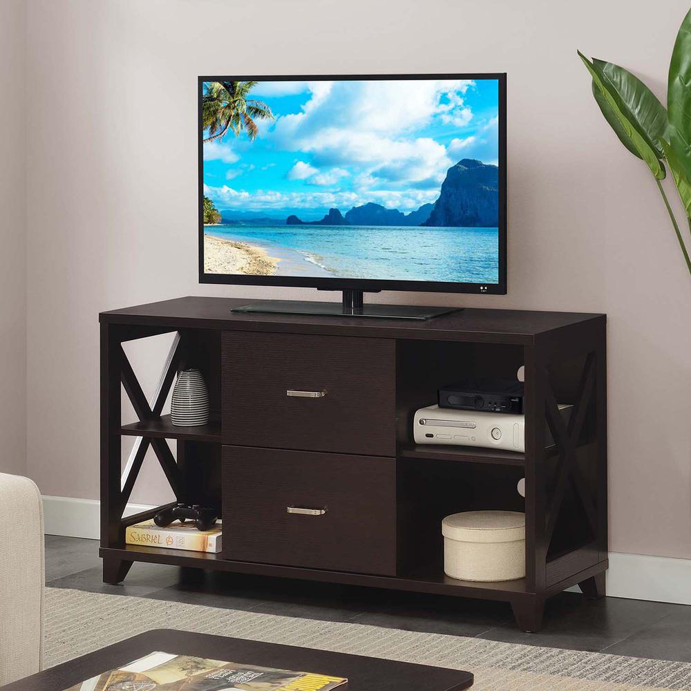 Oxford Deluxe 2 Drawer TV Stand with Shelves for TVs up to 55 Inches, Brown. Picture 3