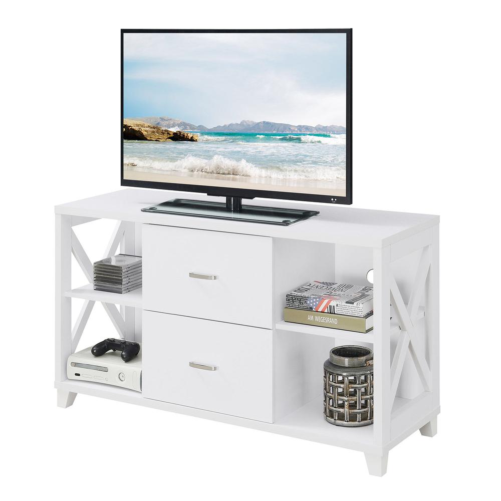 Oxford Deluxe 2 Drawer TV Stand with Shelves for TVs up to 55 Inches, White. Picture 3