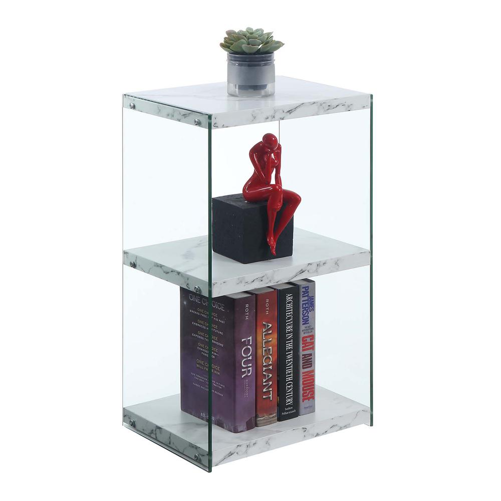 SoHo 3 Tier Tower Bookcase, White Faux Marble/Glass. Picture 1