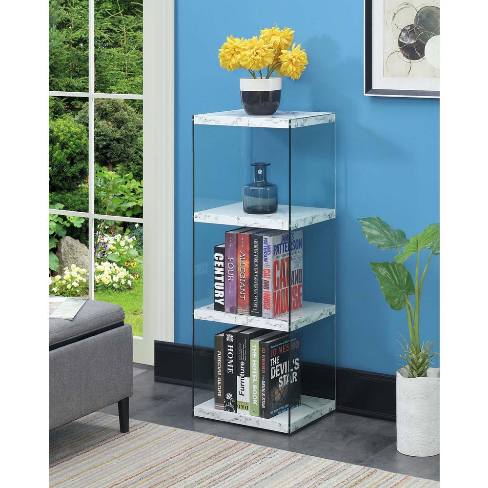 SoHo 4 Tier Tower Bookcase, White Faux Marble/Glass. Picture 3