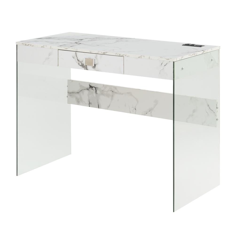 Soho 42 Inch Glass Desk With Charging Station, Faux White Marble. Picture 1