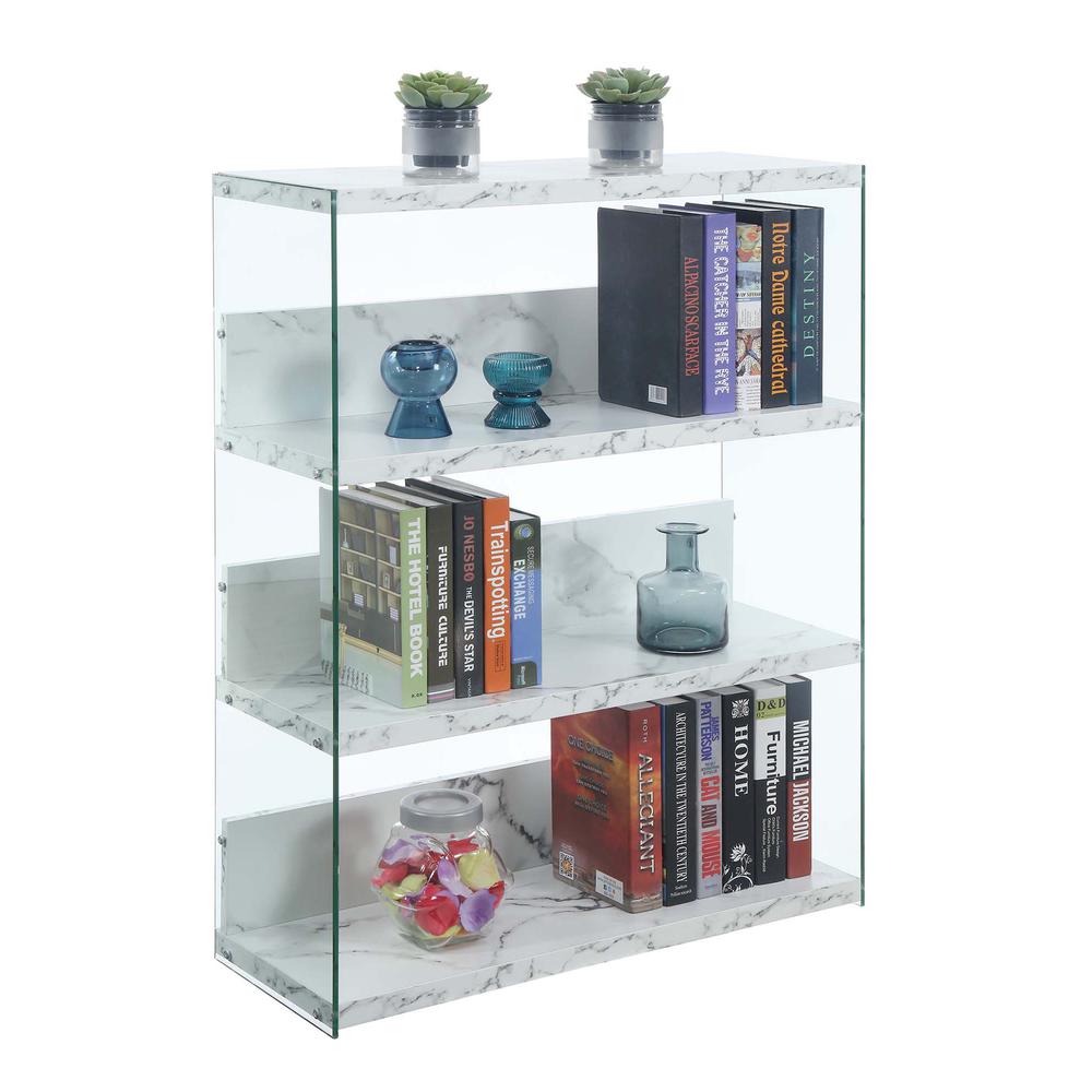 SoHo 4 Tier Wide Bookcase, White Faux Marble/Glass. Picture 1