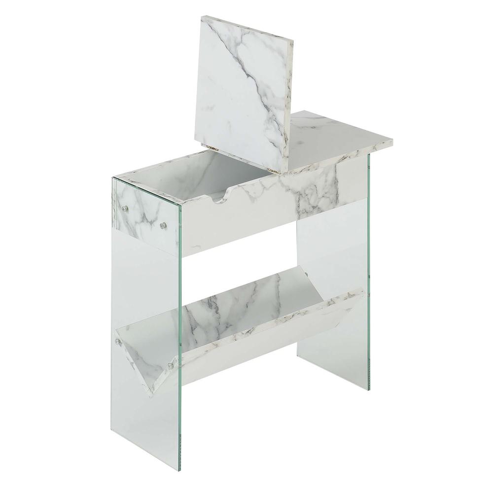 SoHo Flip Top End Table with Charging Station and Shelf, White Faux Marble/Glass. Picture 2