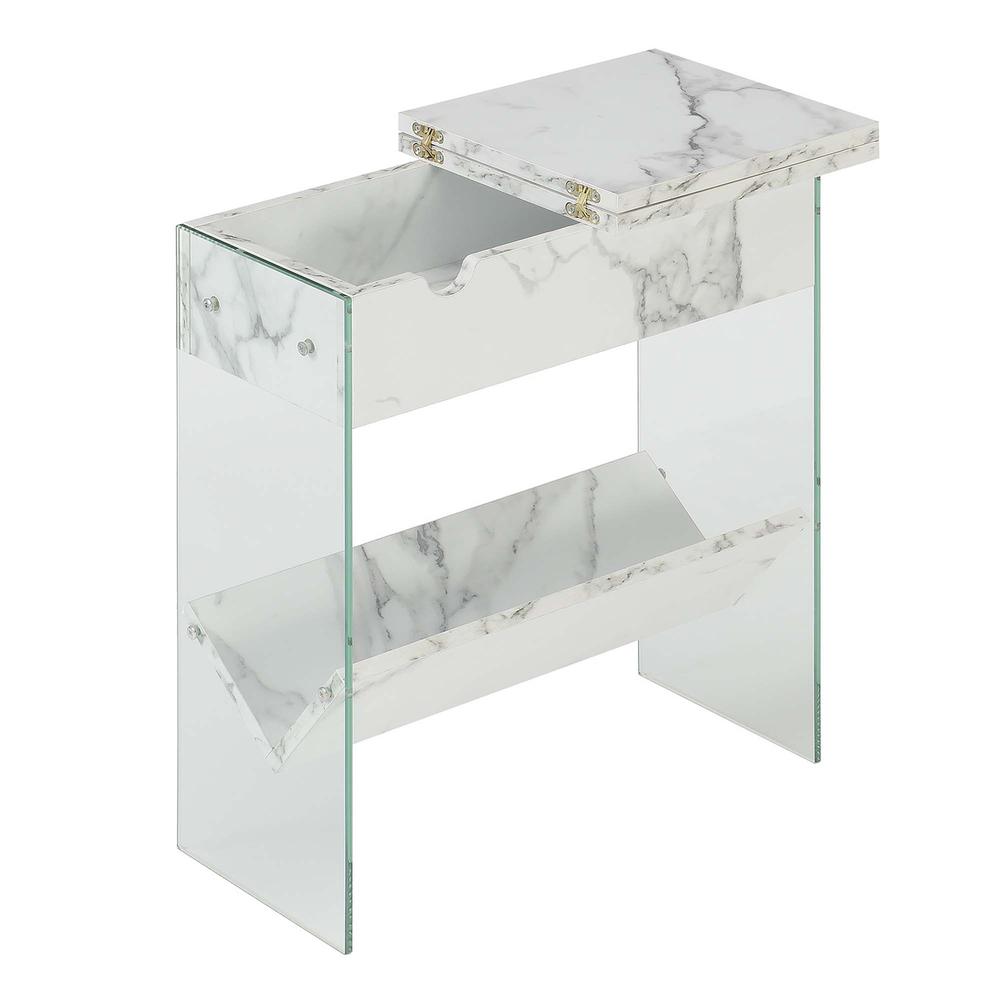 SoHo Flip Top End Table with Charging Station and Shelf, White Faux Marble/Glass. Picture 3