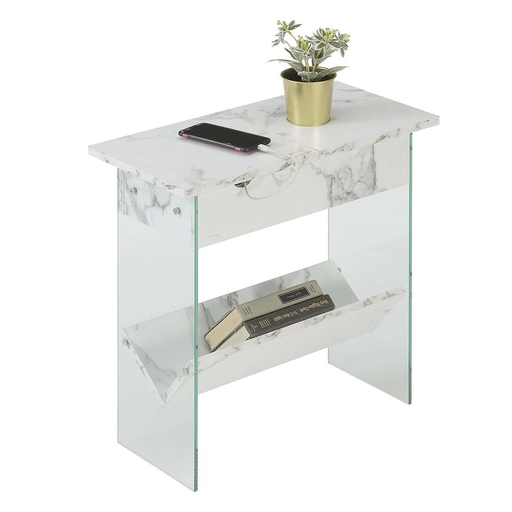 SoHo Flip Top End Table with Charging Station and Shelf, White Faux Marble/Glass. Picture 1