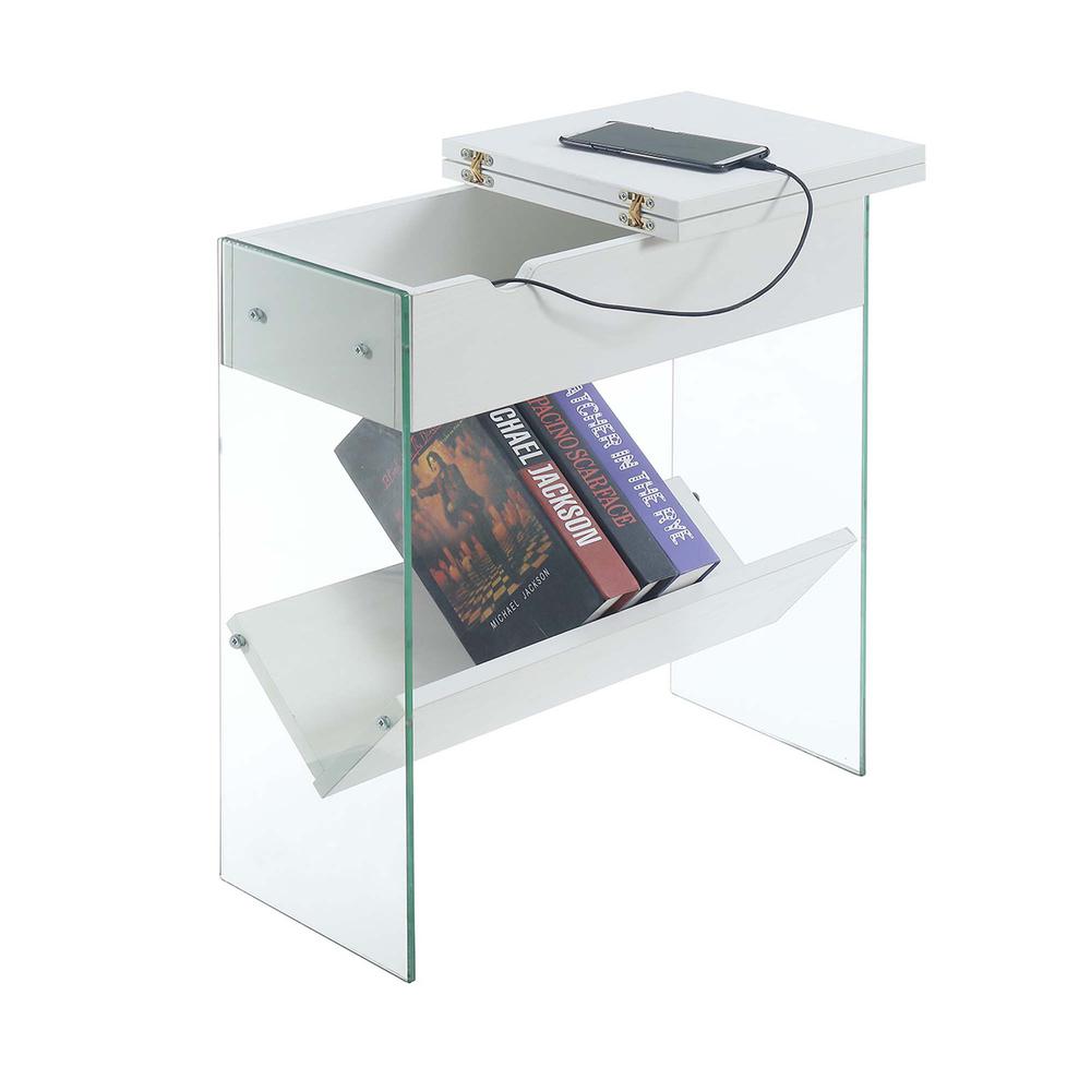 SoHo Flip Top End Table with Charging Station and Shelf, White. Picture 1