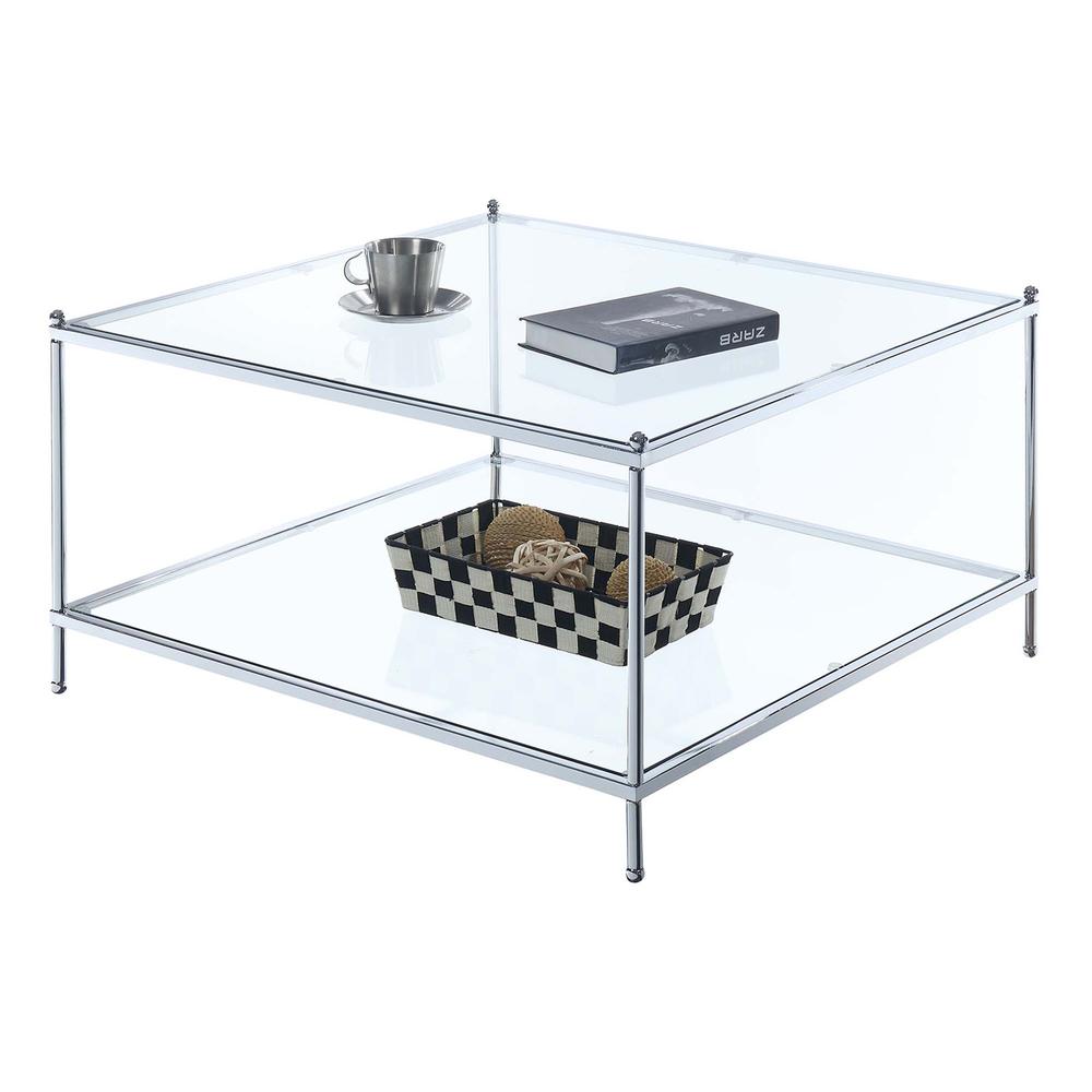 Royal Crest 2 Tier Square Glass Coffee Table, Clear Glass/Chrome Frame. Picture 1