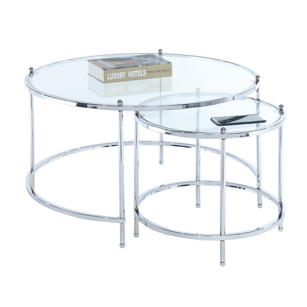 Royal Crest Nesting Round Glass Coffee Tables, Clear Glass/Chrome Frame. Picture 1