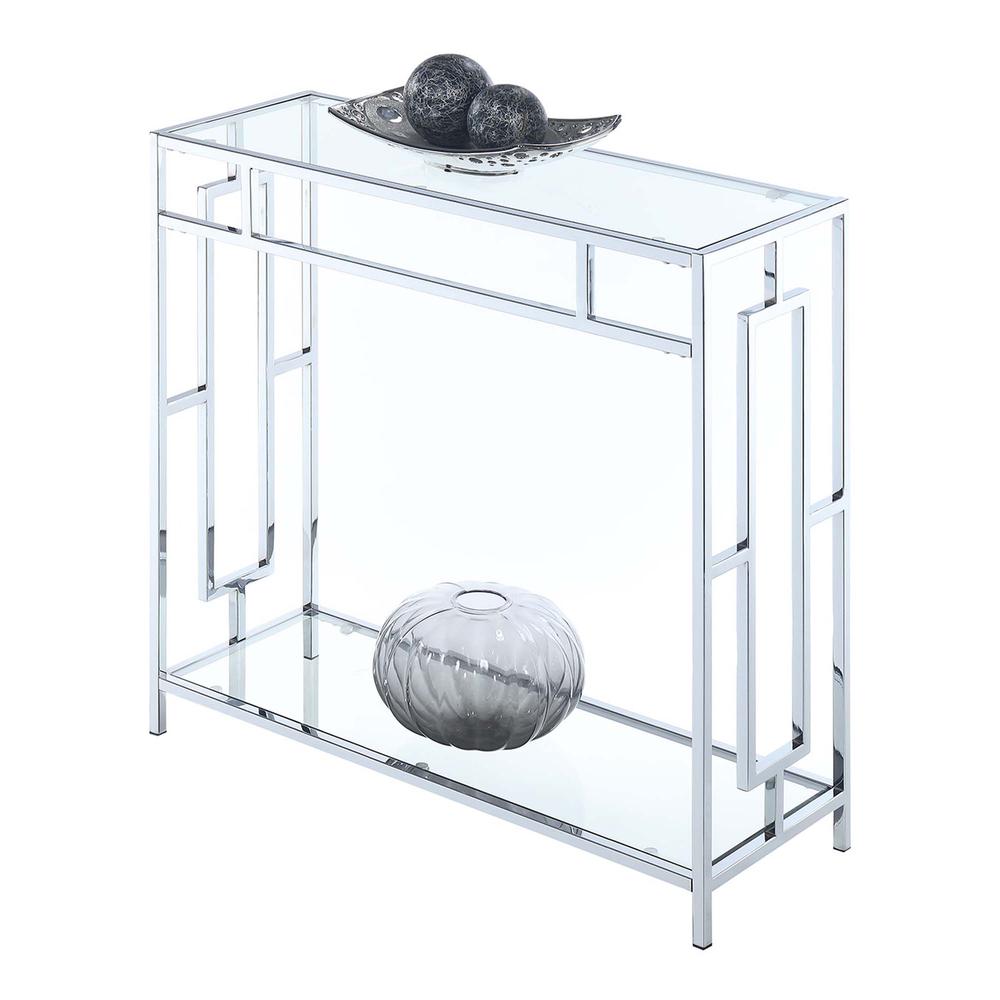 Town Square Chrome Hall Table with Shelf, Clear Glass/Chrome Frame. Picture 1