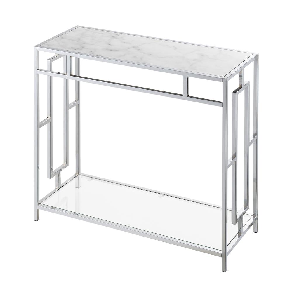 Town Square Chrome Faux Marble Glass Hall Table with Shelf. Picture 1