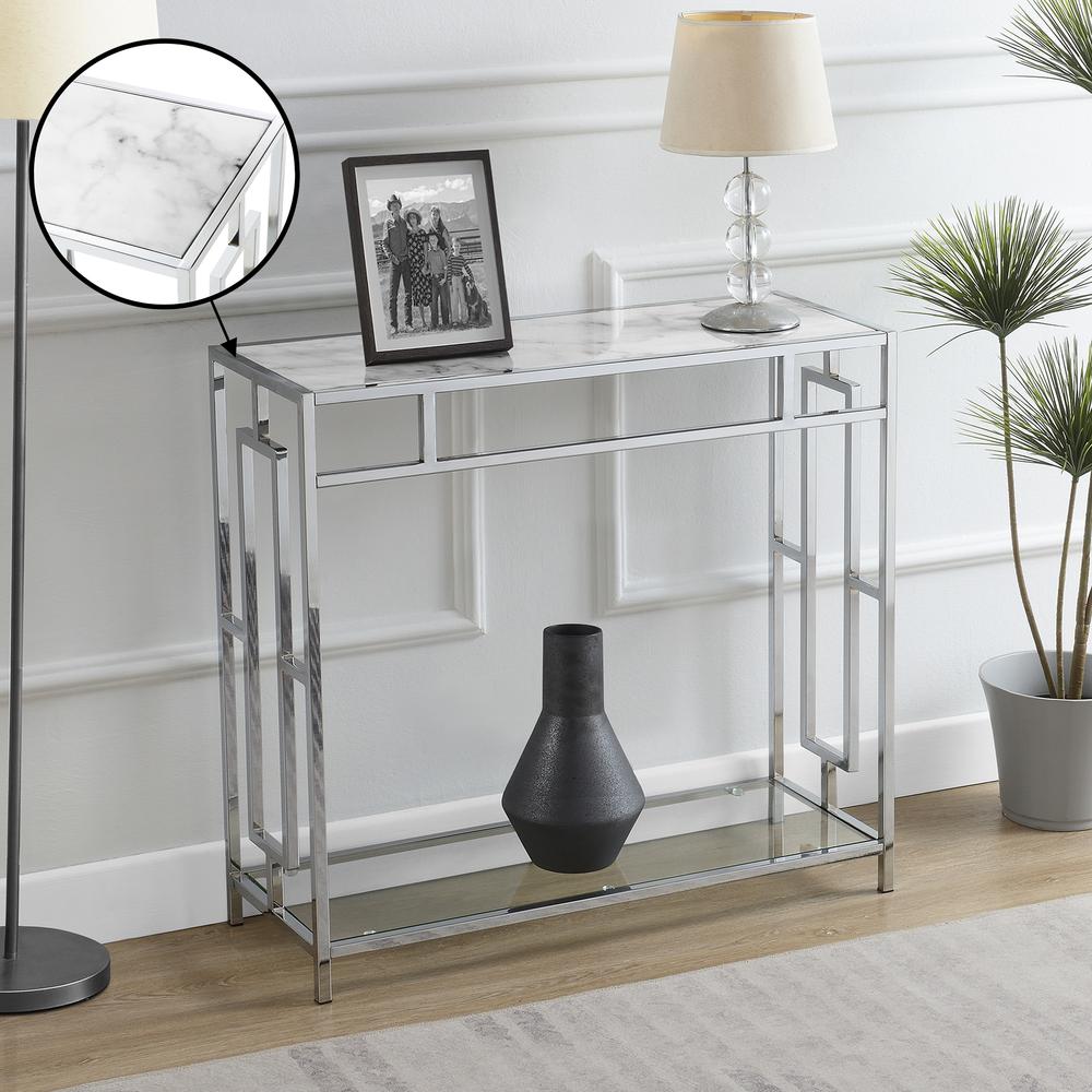 Town Square Chrome Faux Marble Glass Hall Table with Shelf. Picture 4
