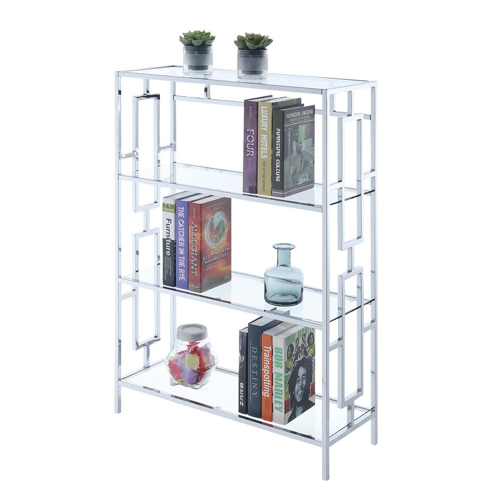 Town Square Chrome 4 Tier Bookcase, Clear Glass/Chrome Frame. Picture 1