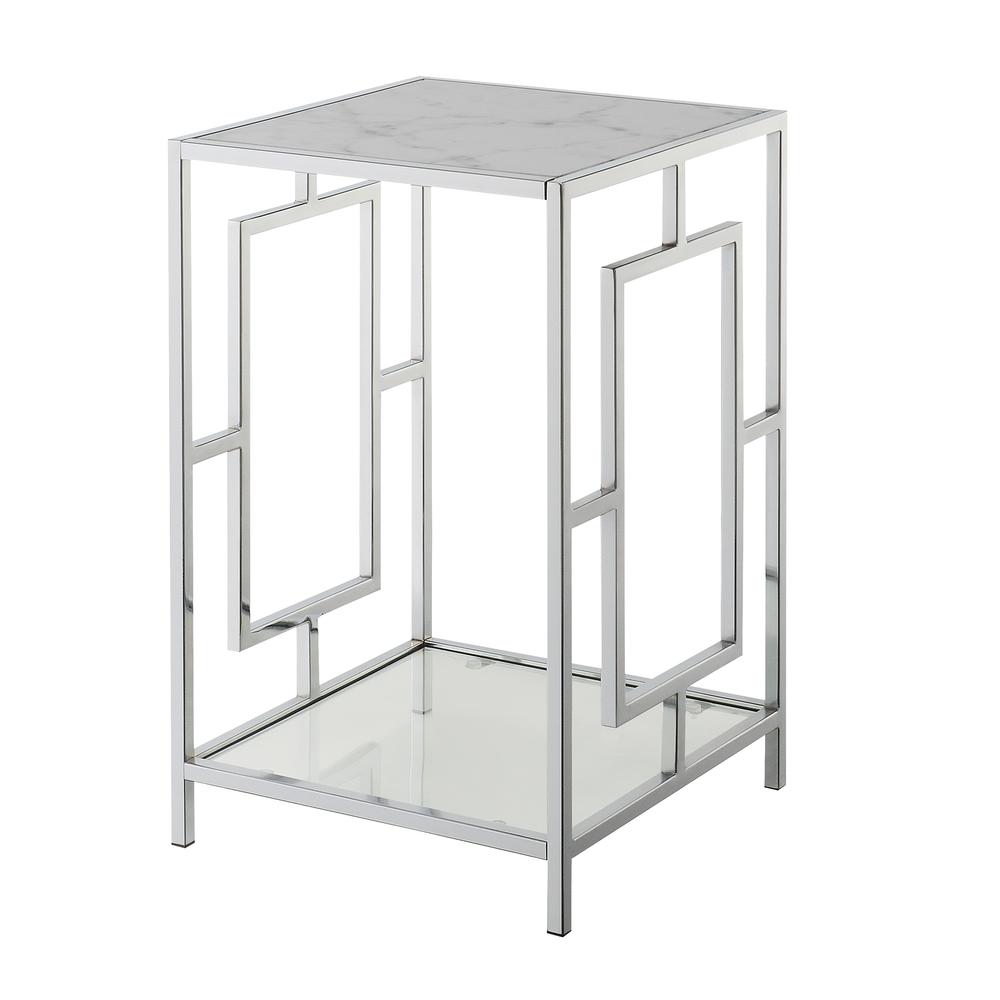 Town Square Chrome End Table with Shelf White Faux Marble/Chrome. Picture 1