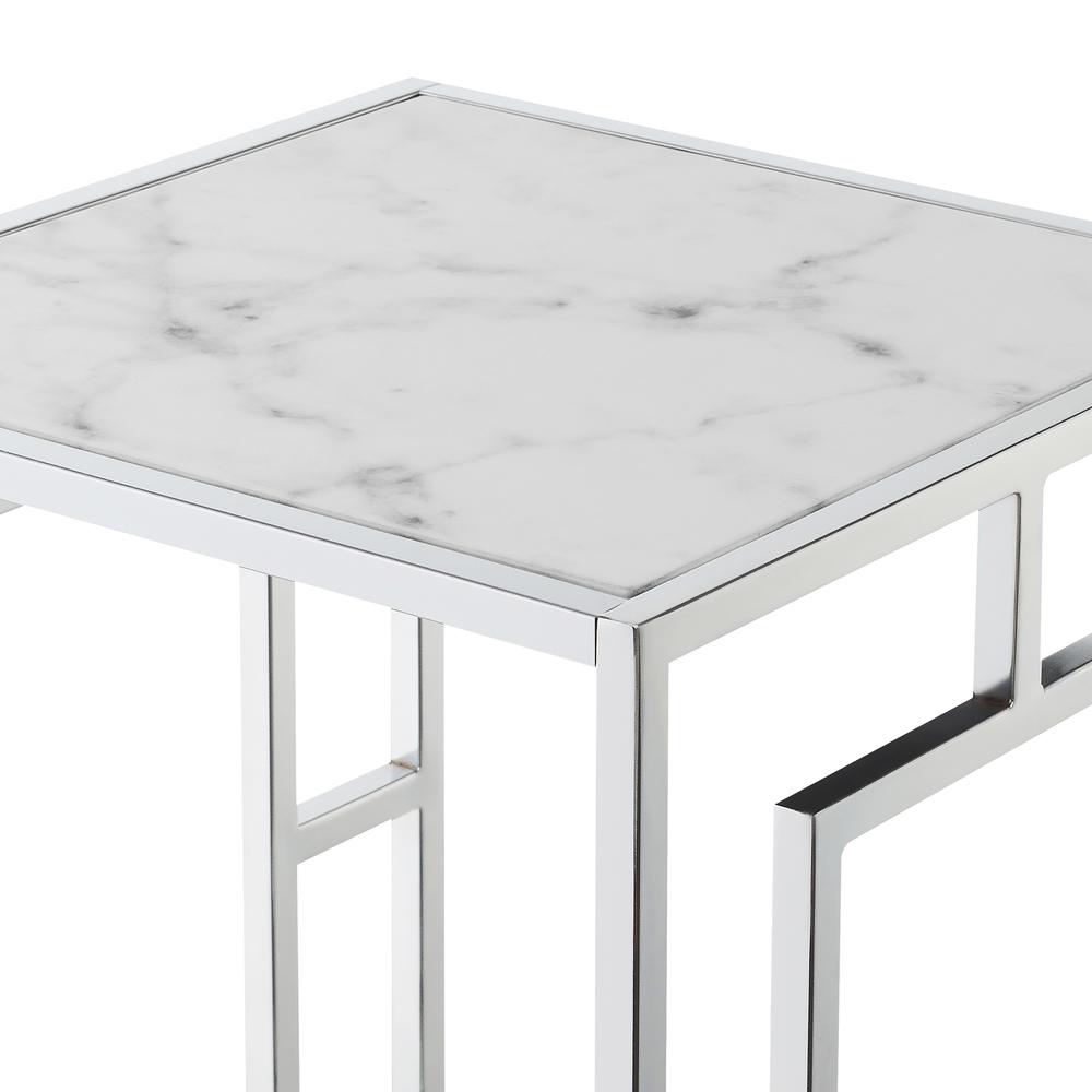 Town Square Chrome End Table with Shelf White Faux Marble/Chrome. Picture 2