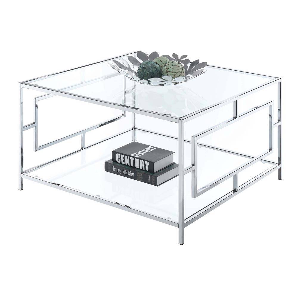 Town Square Chrome Square Coffee Table with Shelf, Clear Glass/Chrome Frame. Picture 1
