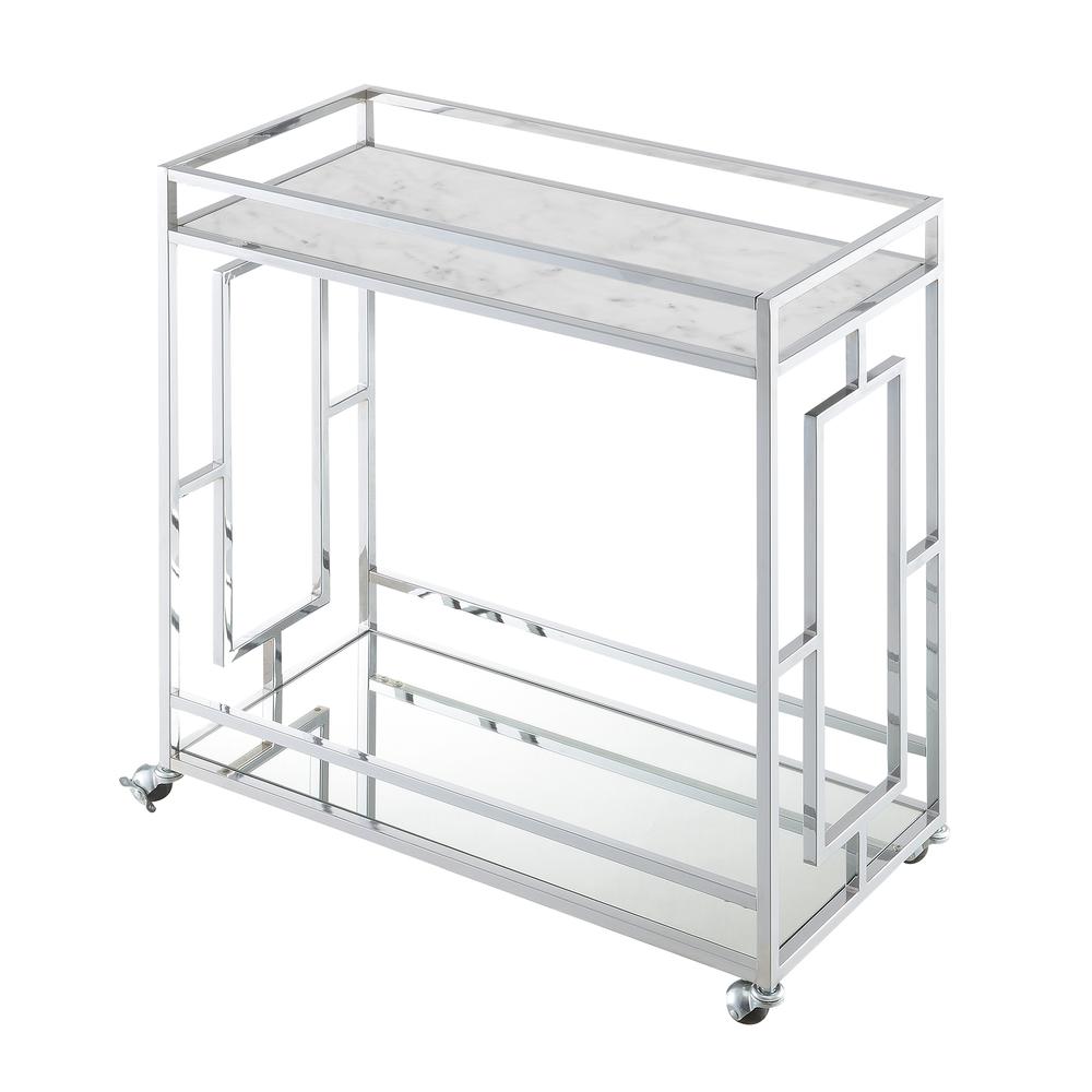 Town Square Chrome Faux Marble Mirrored Bar Cart with Shelf. Picture 1