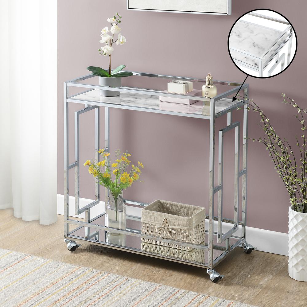 Town Square Chrome Faux Marble Mirrored Bar Cart with Shelf. Picture 6
