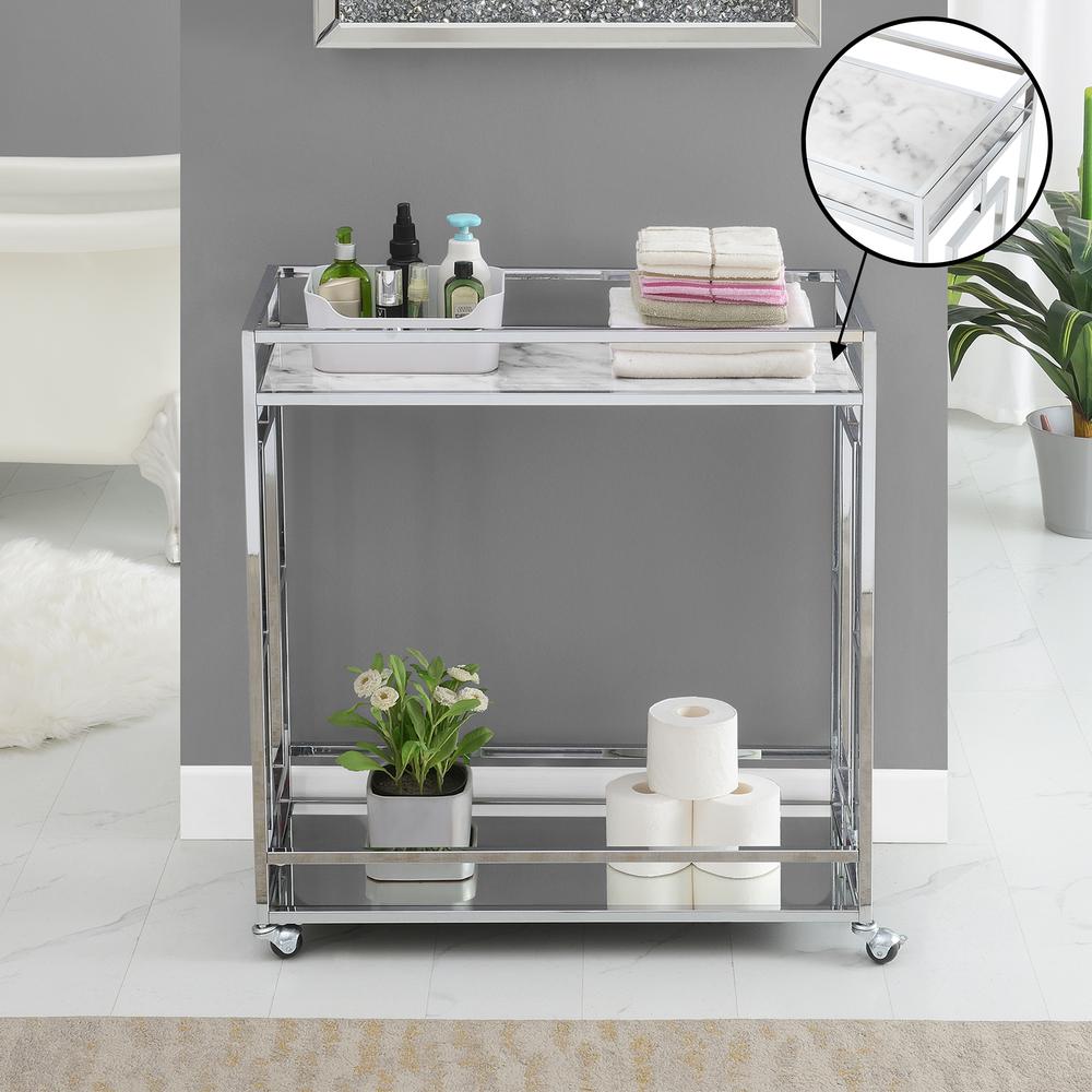 Town Square Chrome Faux Marble Mirrored Bar Cart with Shelf. Picture 7