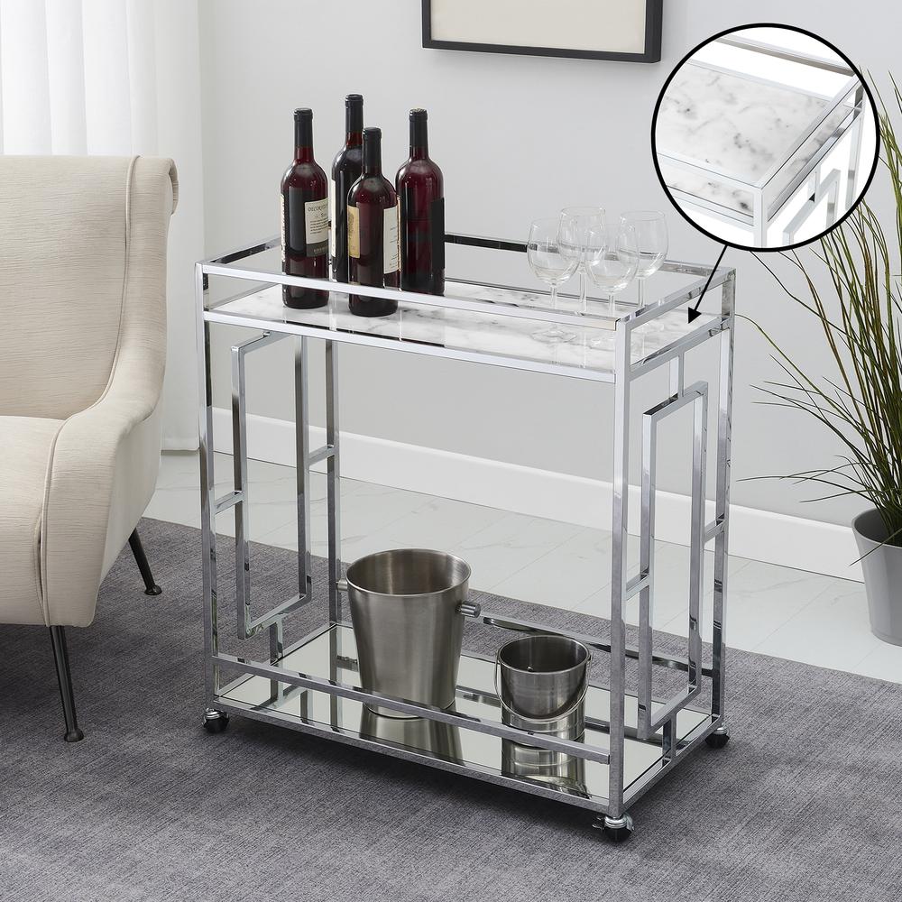 Town Square Chrome Faux Marble Mirrored Bar Cart with Shelf. Picture 9