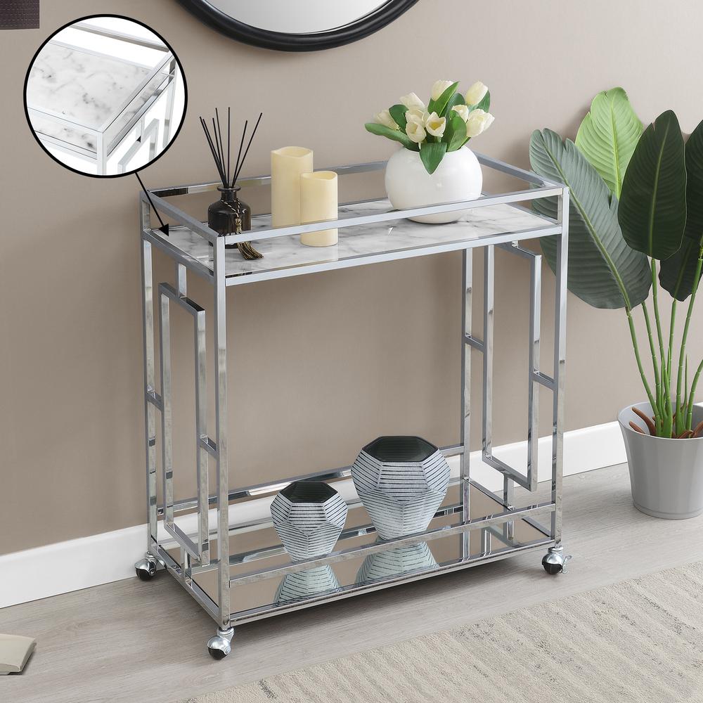 Town Square Chrome Faux Marble Mirrored Bar Cart with Shelf. Picture 8