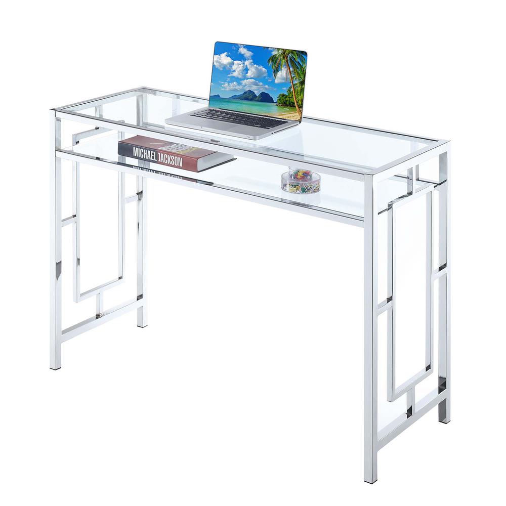 Town Square Chrome Desk With Shelf, Clear Glass/Chrome Frame. Picture 1