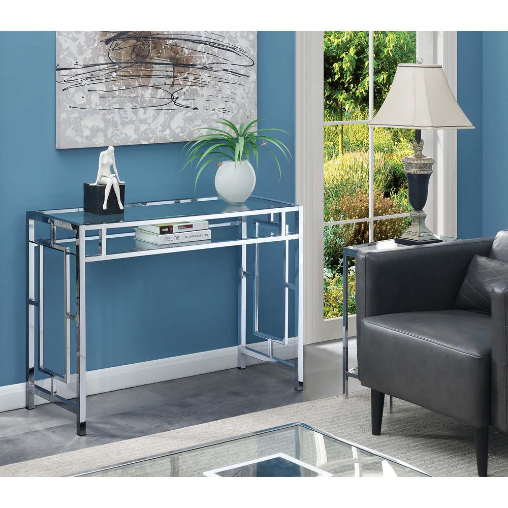 Town Square Chrome Desk With Shelf, Clear Glass/Chrome Frame. Picture 2