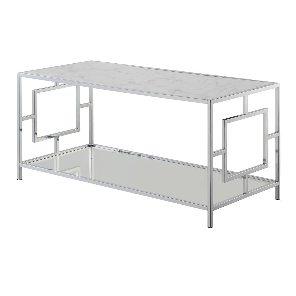 Town Square Chrome Coffee Table with Shelf White Faux Marble/Chrome. Picture 1