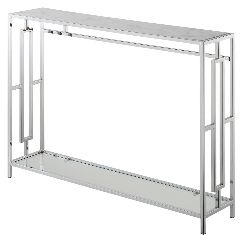 Town Square Chrome Console Table with Shelf White Faux Marble/Chrome. Picture 1