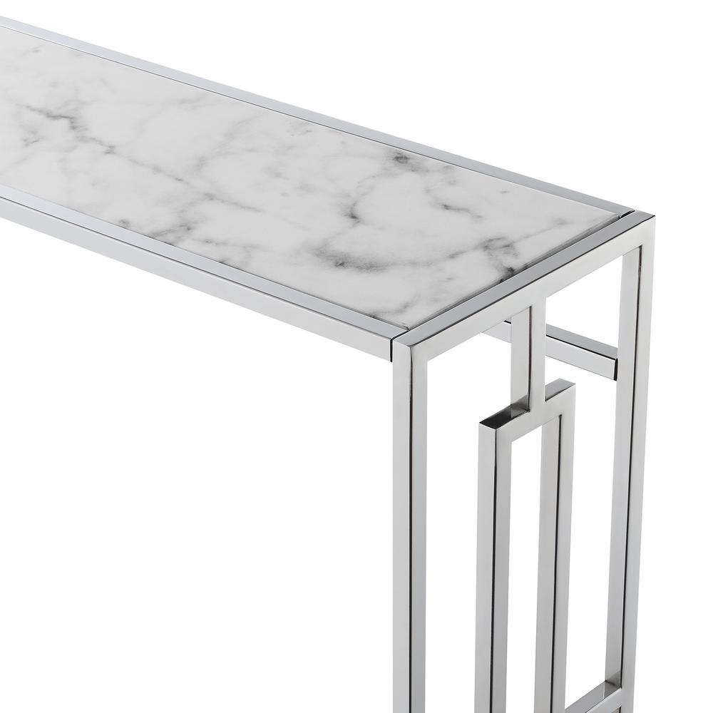 Town Square Chrome Console Table with Shelf White Faux Marble/Chrome. Picture 2