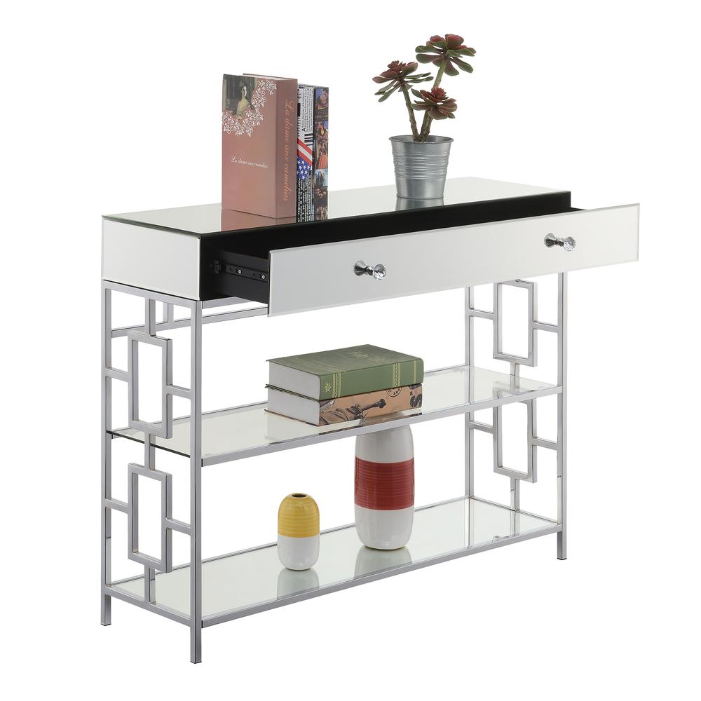 Town Square 1 Drawer Mirrored Console Table, Mirror/Glass/Chrome. Picture 2