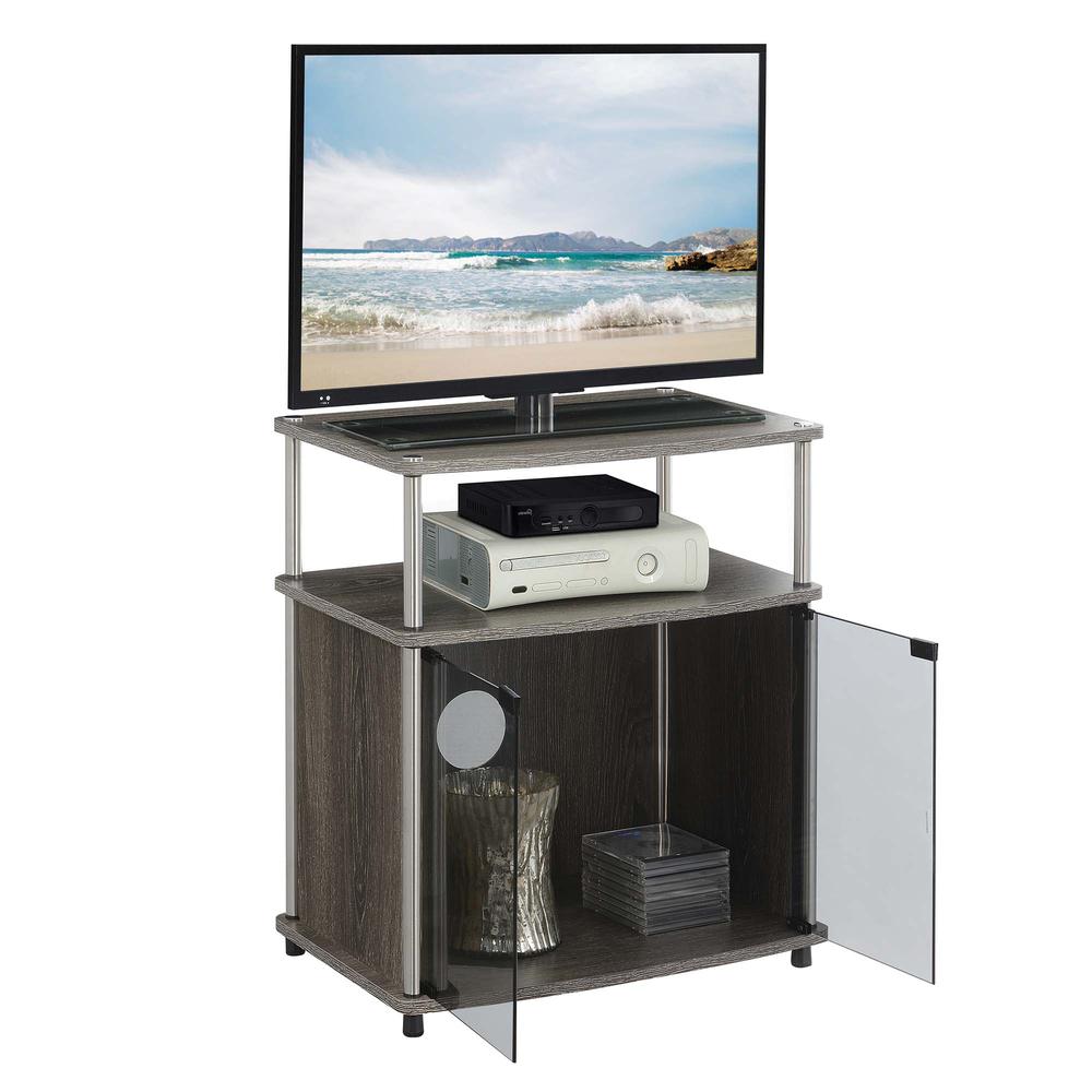 Designs2Go TV Stand with Black Glass Storage Cabinet and Shelf, Weathered Gray. Picture 1