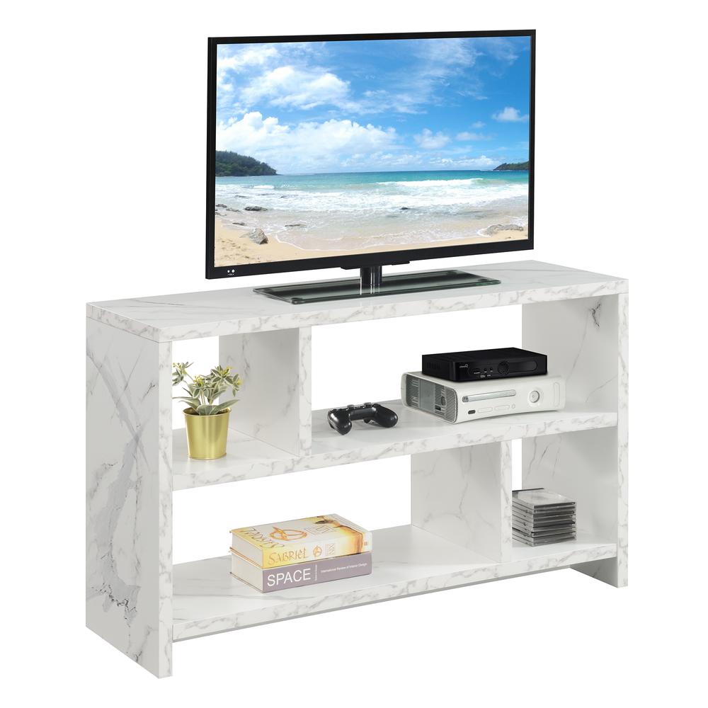 Northfield TV Stand Console with Shelves, White Faux Marble. Picture 1