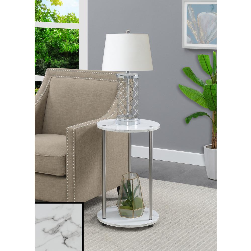 Designs2Go No Tools 2 Tier Round End Table, Faux White Marble/Chrome. Picture 3