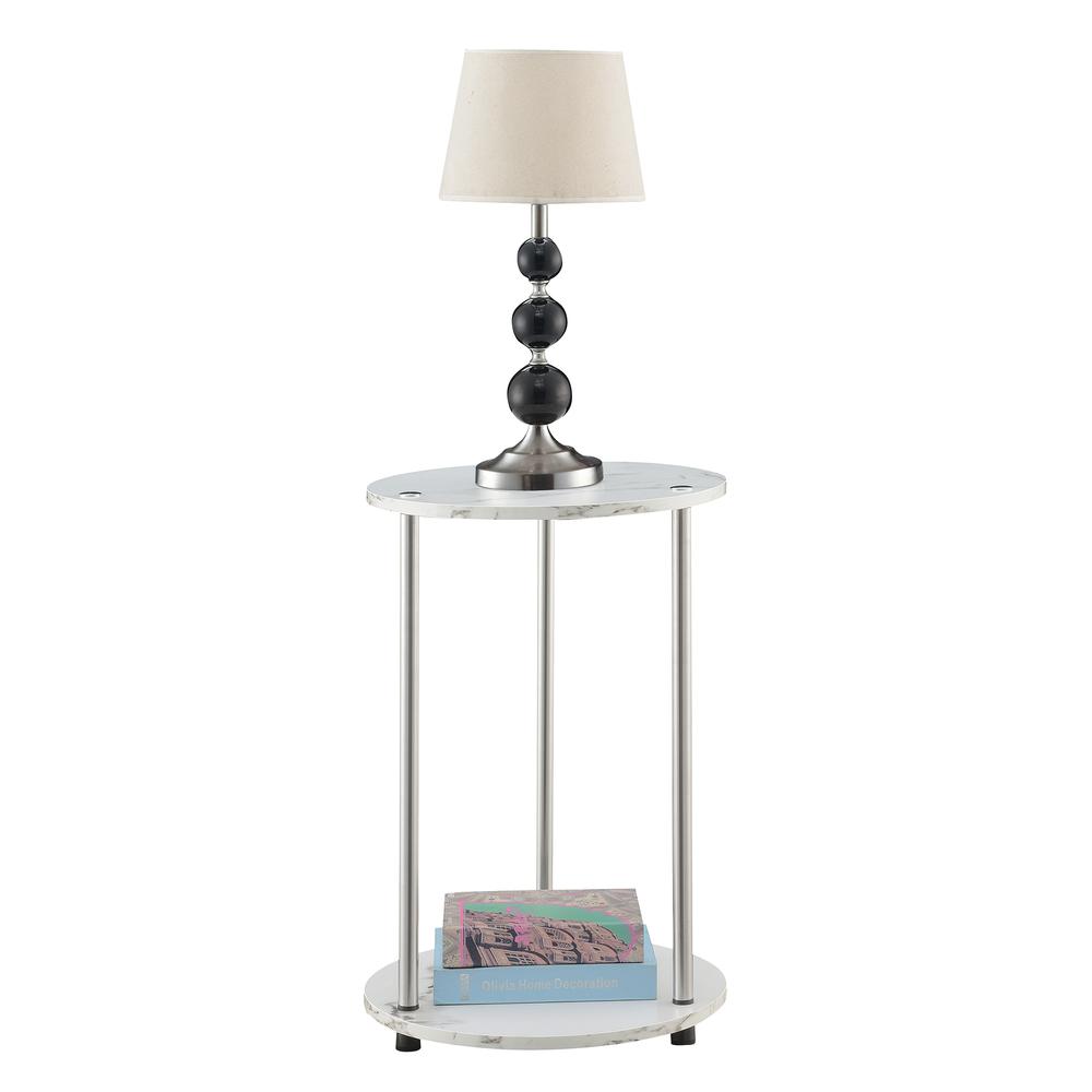 Designs2Go No Tools 2 Tier Round End Table, Faux White Marble/Chrome. Picture 1