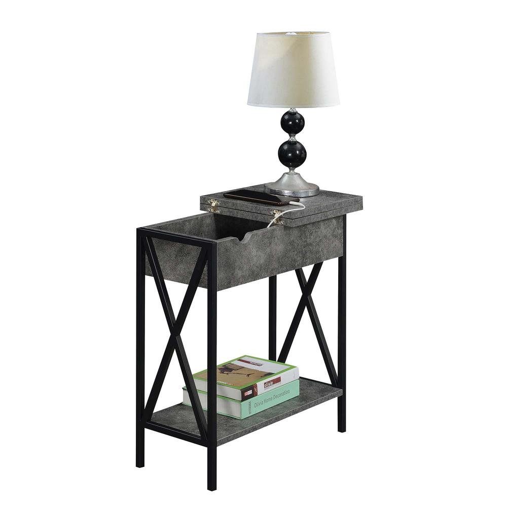 Tucson Flip Top End Table with Charging Station Cement / Black. Picture 2