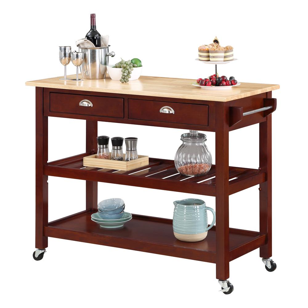 American Heritage 3 Tier Butcher Block Kitchen Cart with Drawers, Butcher Block/Mahogany. Picture 3