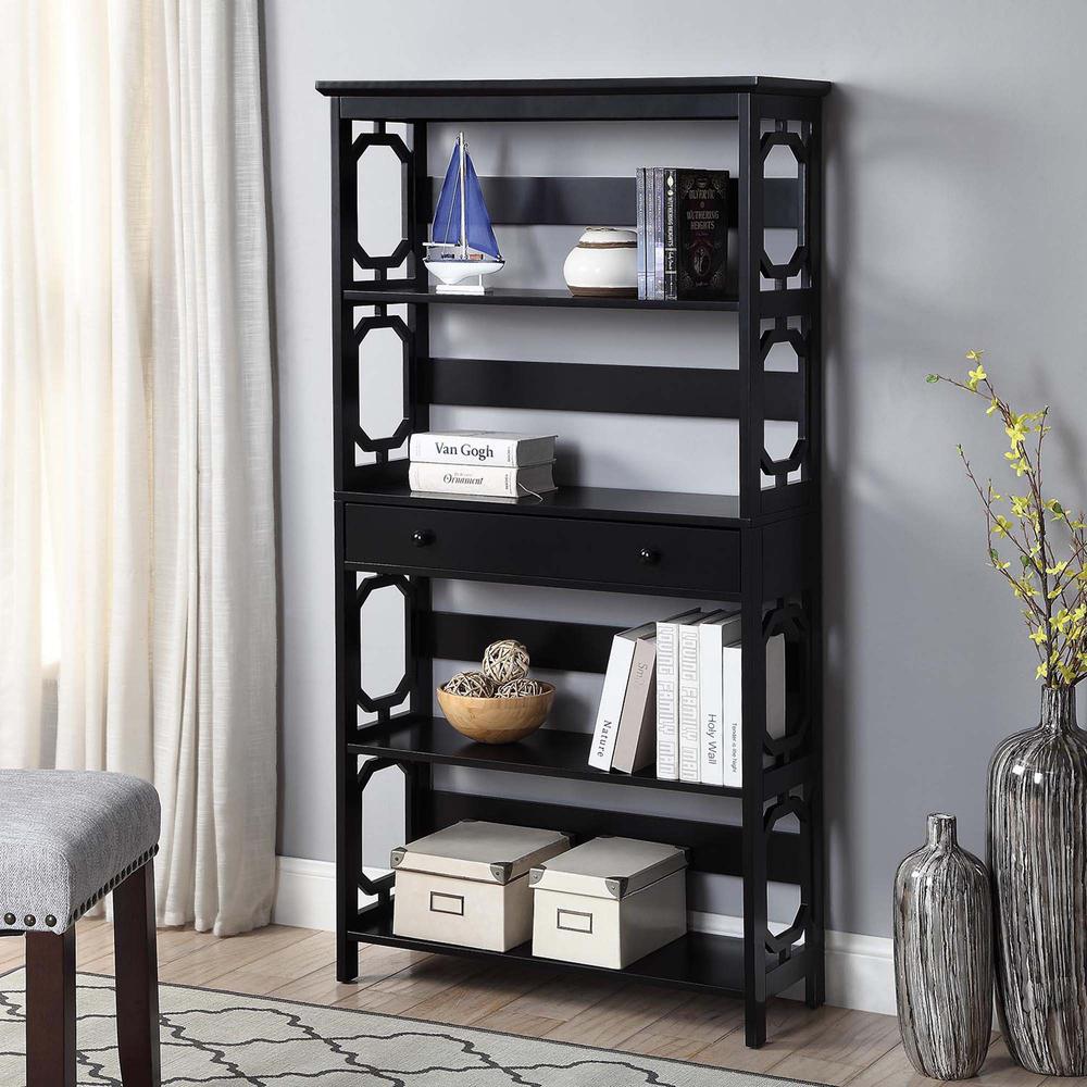 Omega 5 Tier Bookcase with Drawer, Black. Picture 4