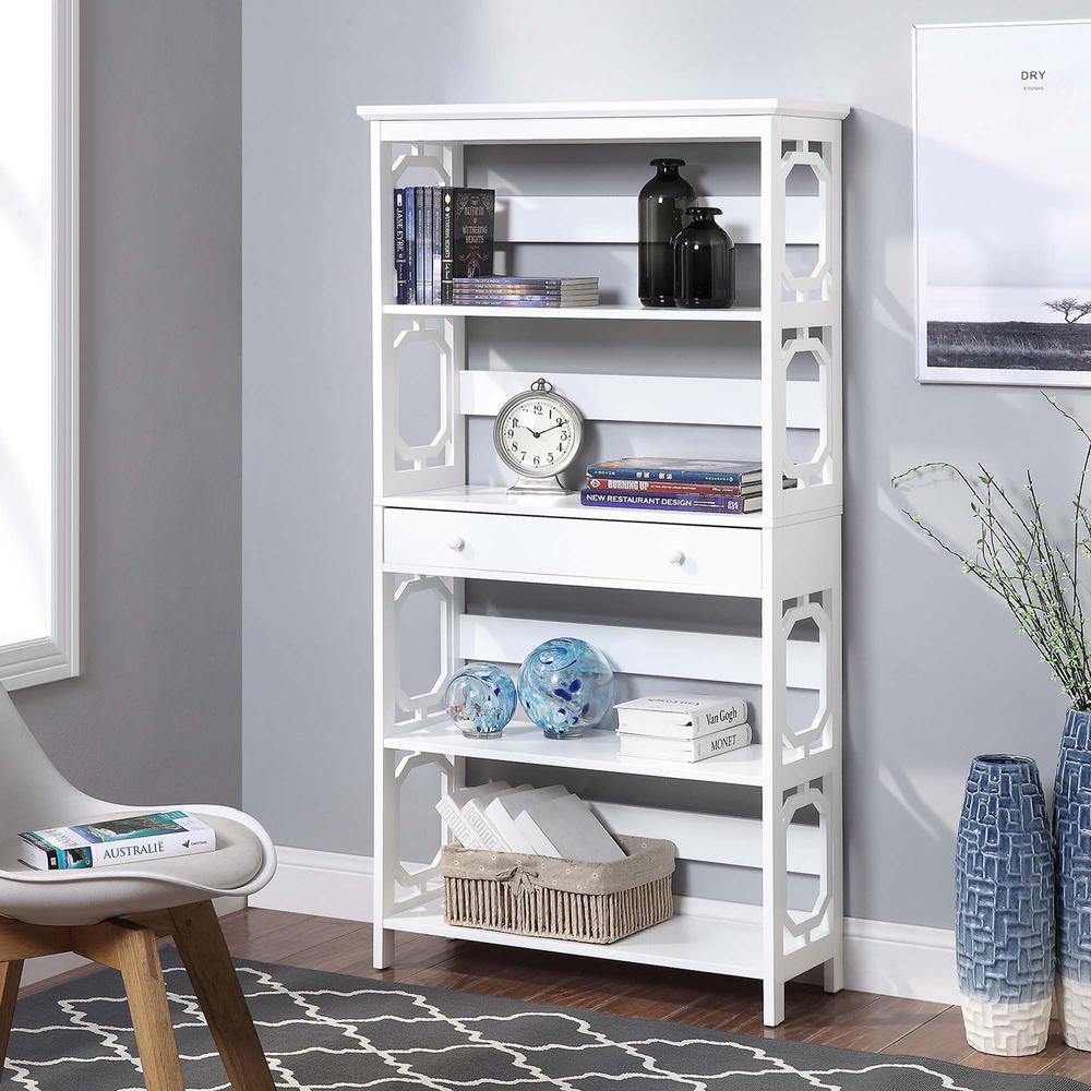 Omega 5 Tier Bookcase with Drawer, White. Picture 4
