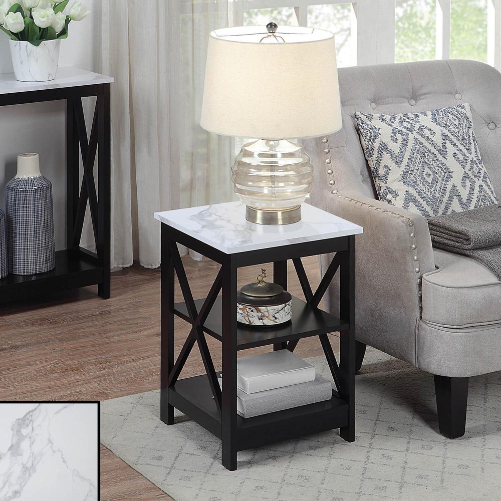 Oxford End Table with Shelves White Faux Marble/Black. Picture 3