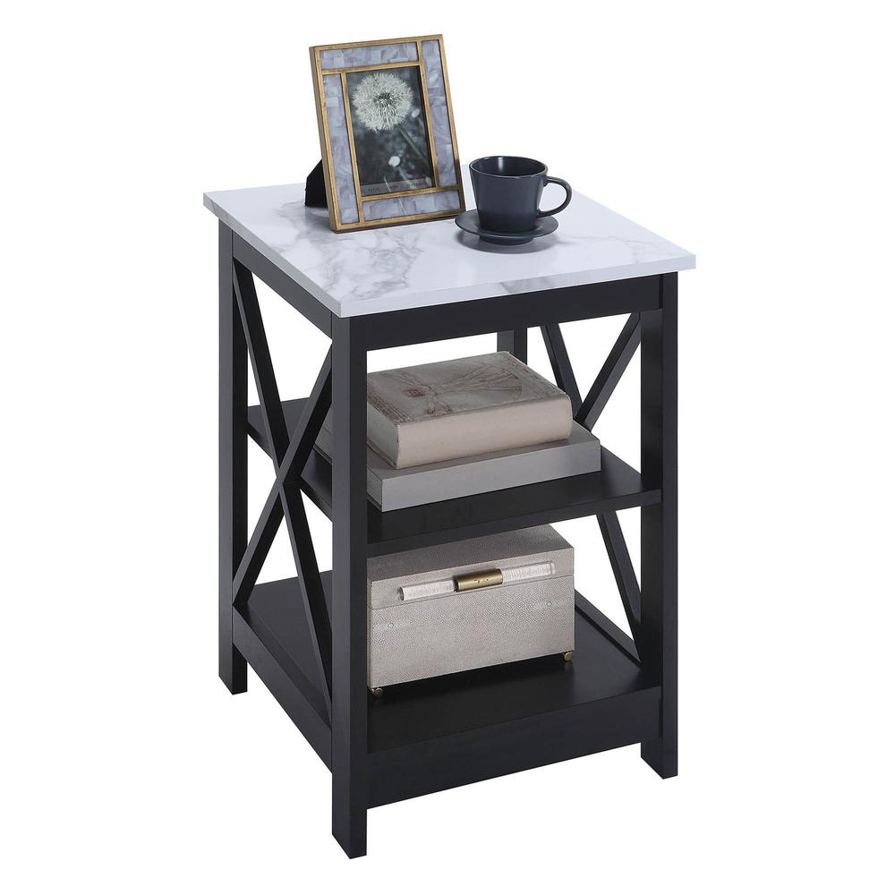 Oxford End Table with Shelves White Faux Marble/Black. Picture 1