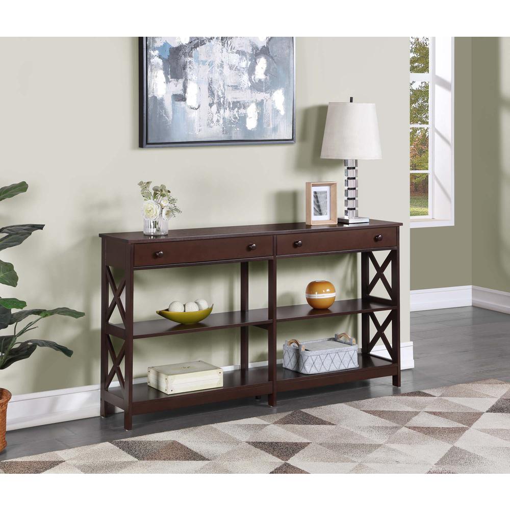 Oxford 2 Drawer 60 inch Console Table with Shelves, Espresso. Picture 3
