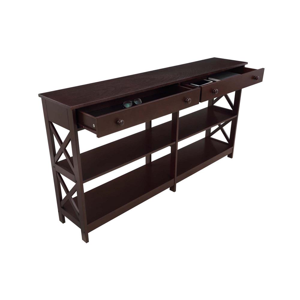 Oxford 2 Drawer 60 inch Console Table with Shelves, Espresso. Picture 4