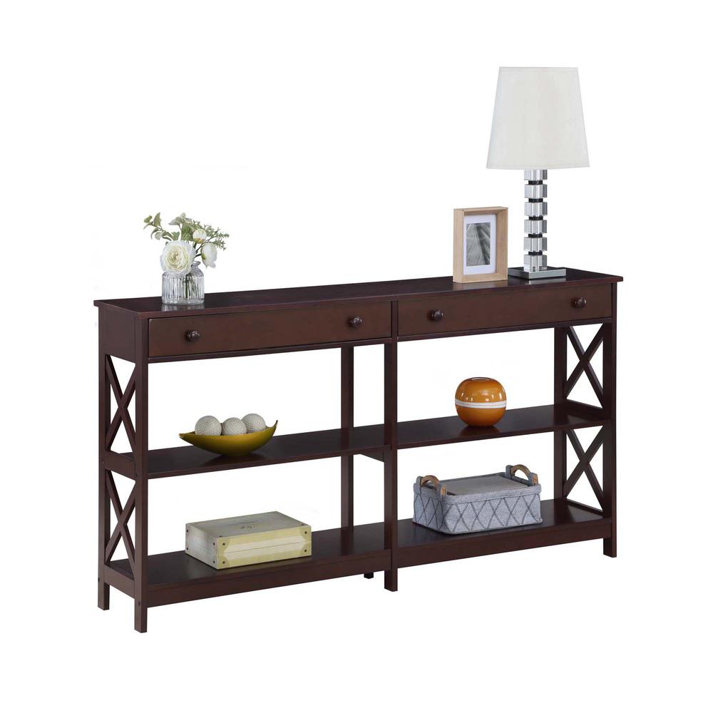 Oxford 2 Drawer 60 inch Console Table with Shelves, Espresso. Picture 2