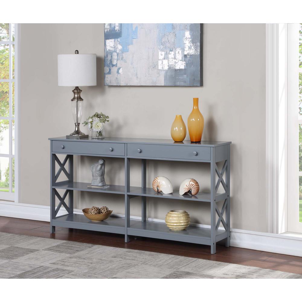 Oxford 2 Drawer 60 inch Console Table with Shelves, Gray. Picture 3