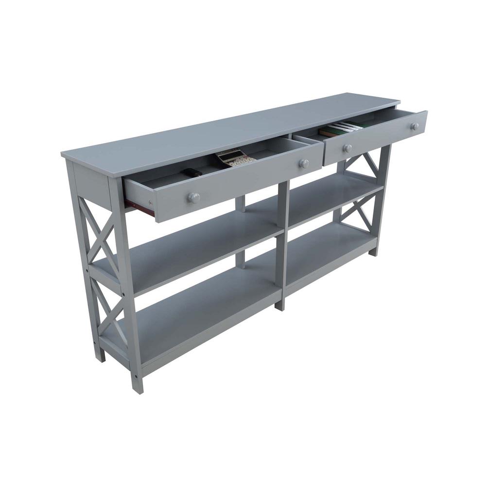 Oxford 2 Drawer 60 inch Console Table with Shelves, Gray. Picture 4