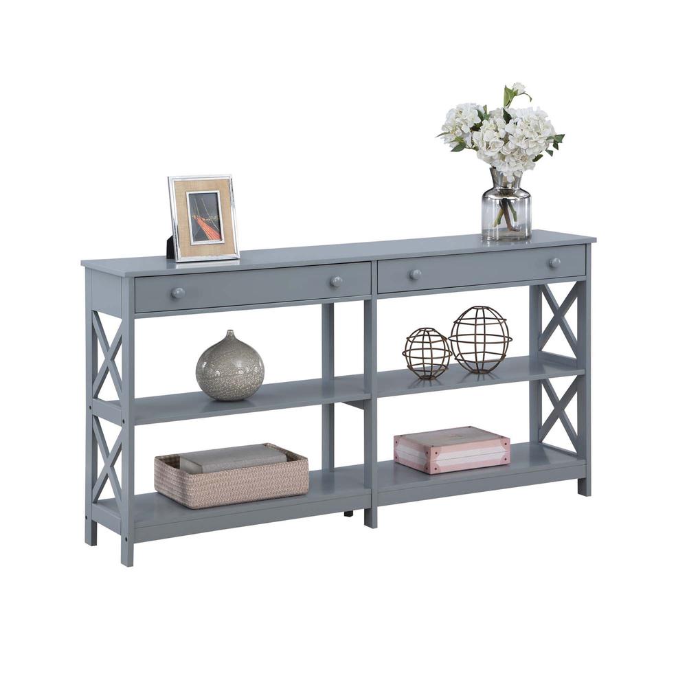 Oxford 2 Drawer 60 inch Console Table with Shelves, Gray. Picture 2