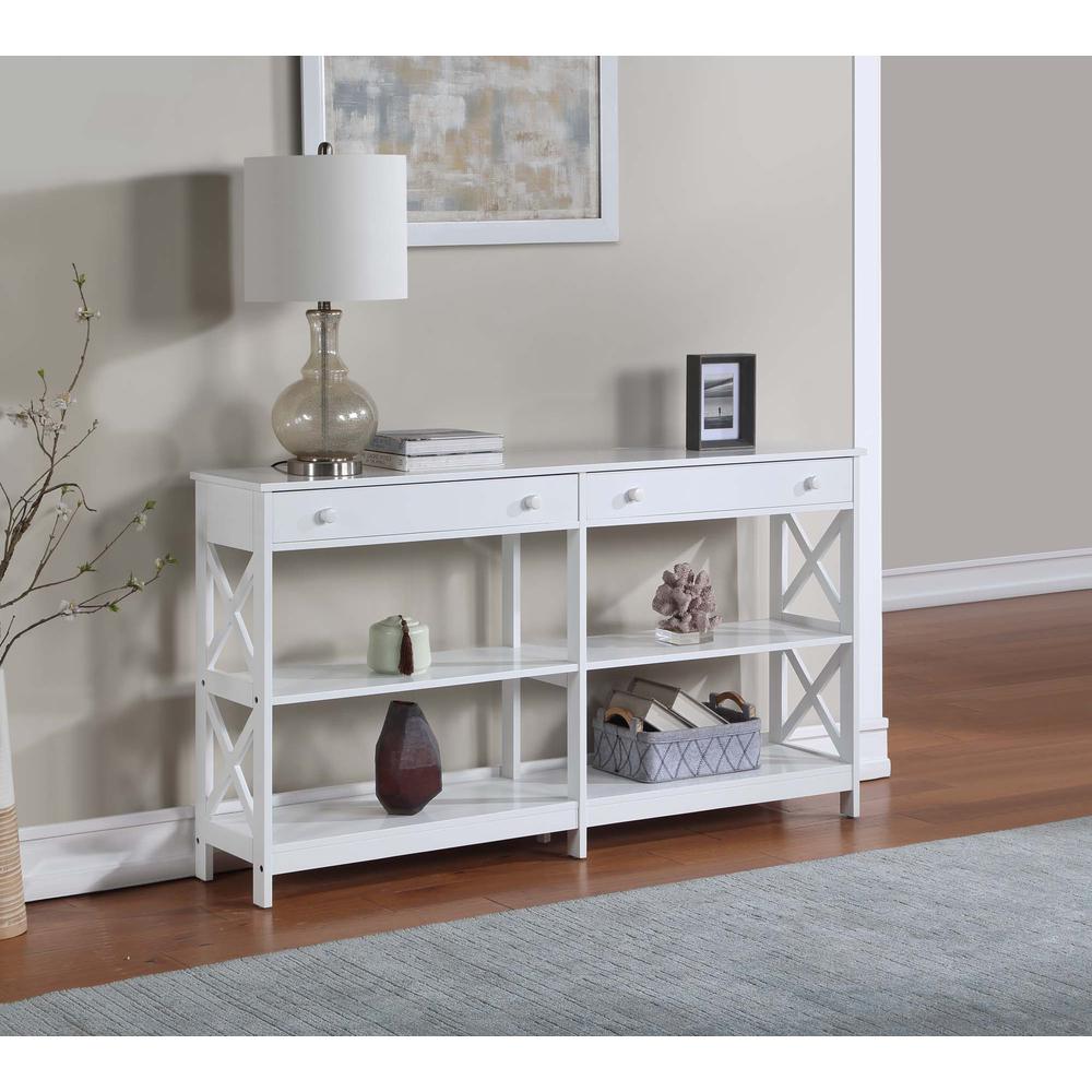 Oxford 2 Drawer 60 inch Console Table with Shelves, White. Picture 3