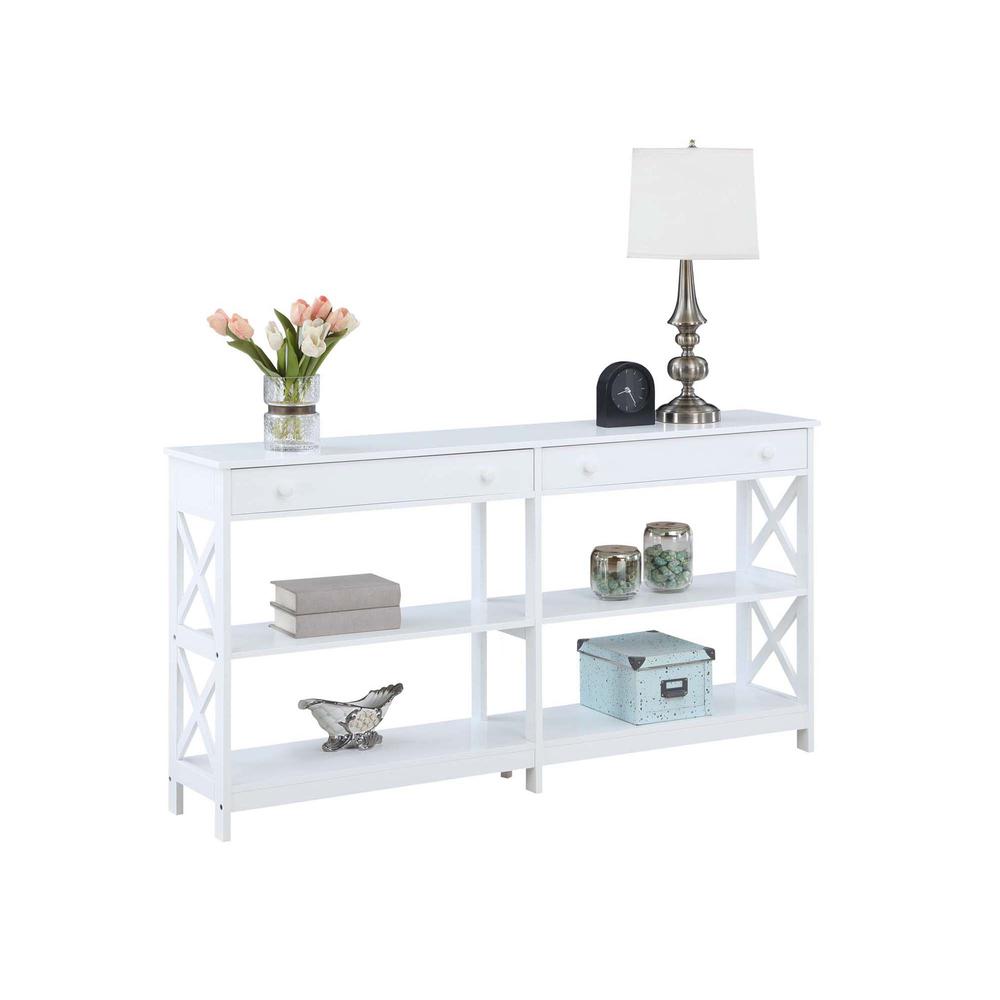 Oxford 2 Drawer 60 inch Console Table with Shelves, White. Picture 2