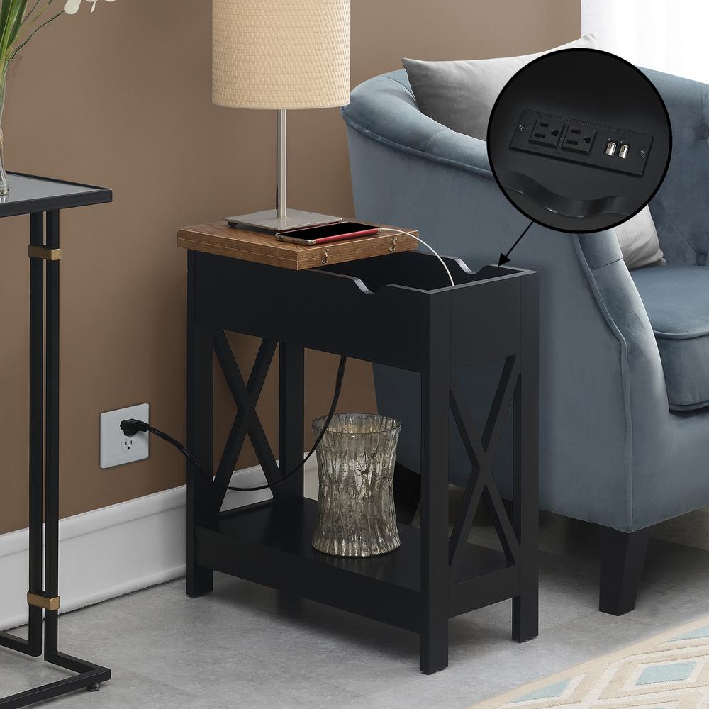 Oxford Flip Top End Table with Charging Station and Shelf, Brown. Picture 9