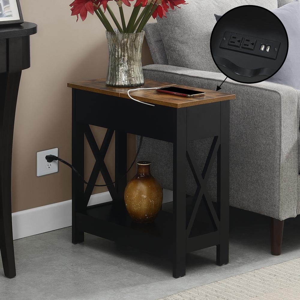 Oxford Flip Top End Table with Charging Station and Shelf, Brown. Picture 3